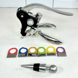 LEVER Pull Corkscrew With 6 Glass Stem Tags And Bottle Topper